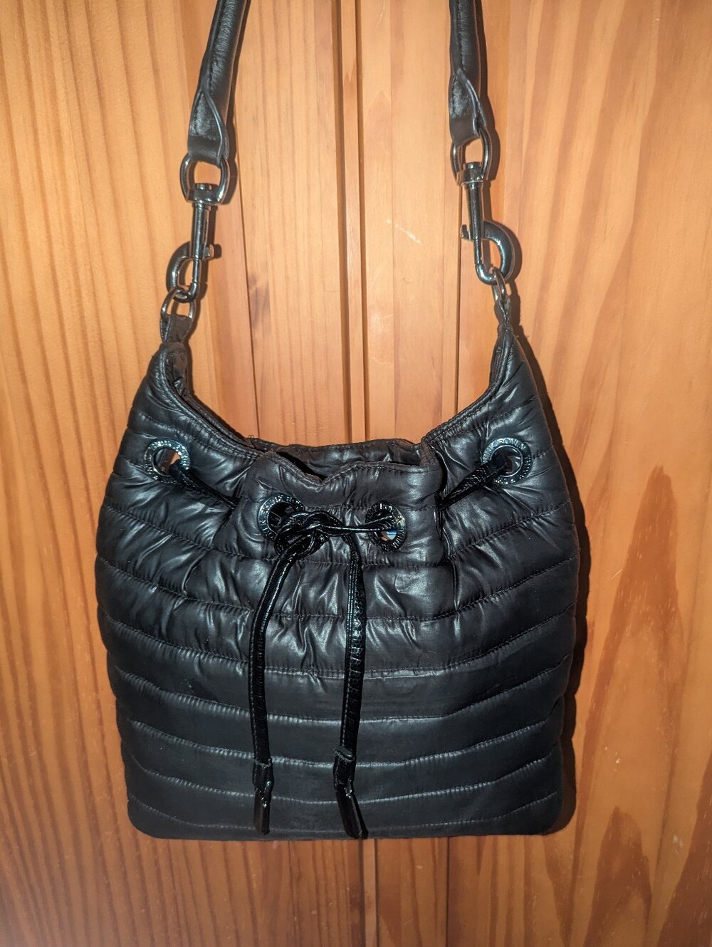 THINK ROYLN Black Nylon Quilted Drawstring Shoulder Bag with Detachable Strap